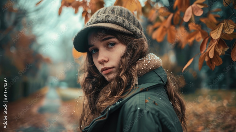 A woman with long hair wears a hat and jacket, perfect for outdoor activities or everyday use A woman with long hair wears a hat and jacket, perfect for outdoor activities or everyday use
