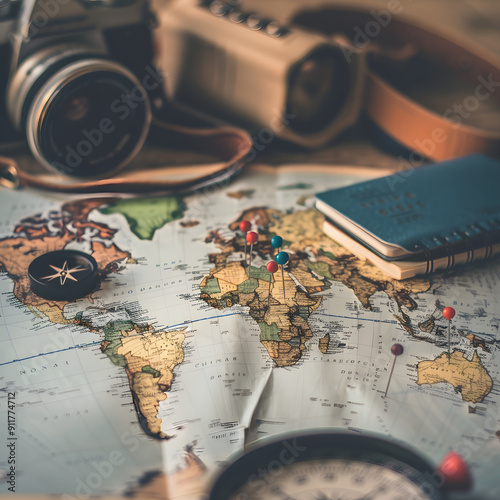 Vintage Camera, Passport, and Compass on a World Map with Travel Pins Marking Destinations for an Adventurous Global Journey