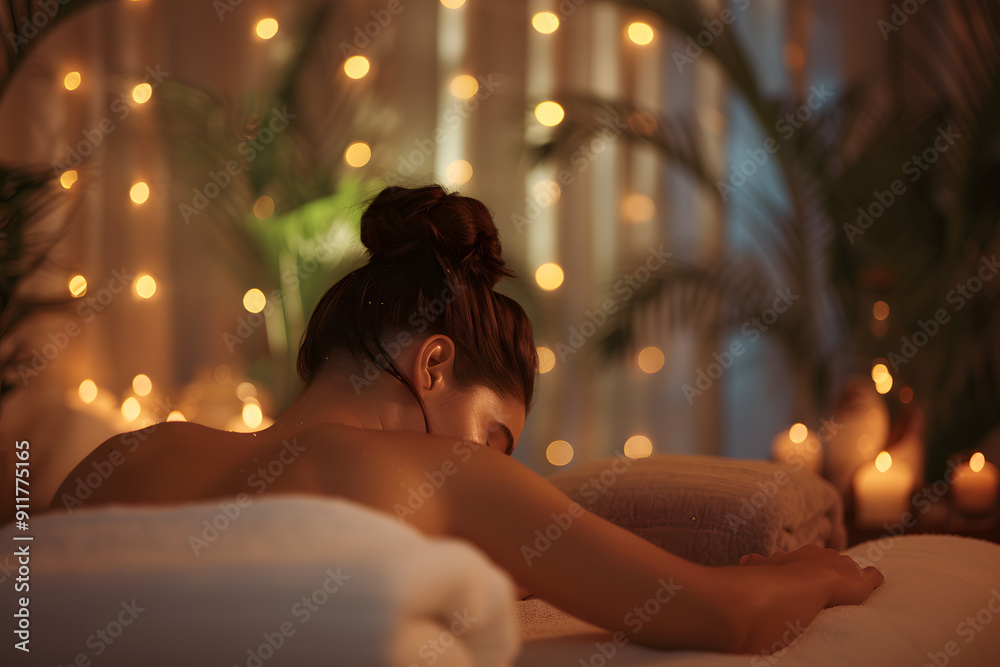 Relaxing spa treatment featuring a young woman enjoying a therapeutic massage in a serene environment with soft ambient lighting and candles for ultimate relaxation Relaxing spa treatment featuring a young woman enjoying a therapeutic massage in a serene environment with soft ambient lighting and candles for ultimate relaxation