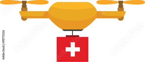 Yellow medical drone is delivering a first aid kit, representing the concept of modern healthcare