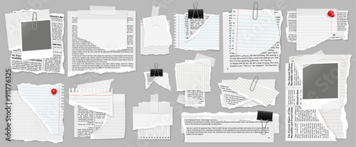 different collage items on top sets of torn paper ripped blocks post its lined and grid with photographs and binder cliips
