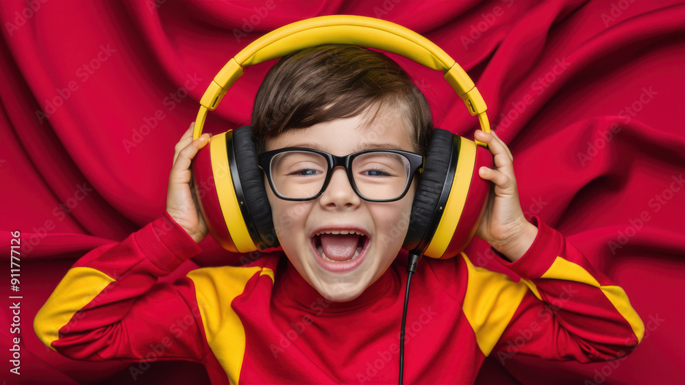 A young boy wearing headphones and smiling with his hands on the ears, AI