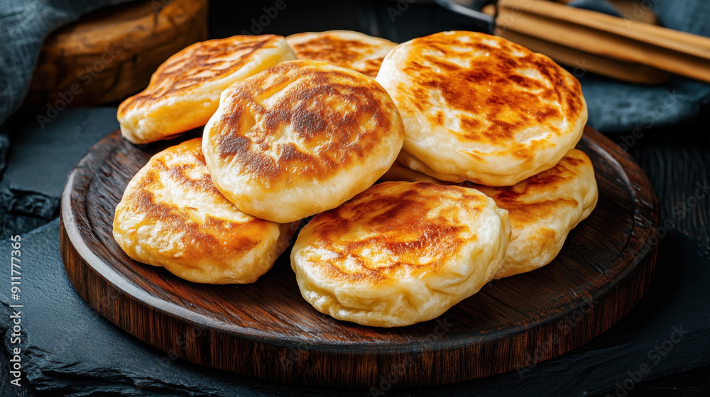 Traditional Russian food Oladyi, small fluffy pancakes made from flour, yeast, and kefir or buttermilk, fried until golden brown, presented on a wooden plate. Traditional Russian food Oladyi, small fluffy pancakes made from flour, yeast, and kefir or buttermilk, fried until golden brown, presented on a wooden plate.