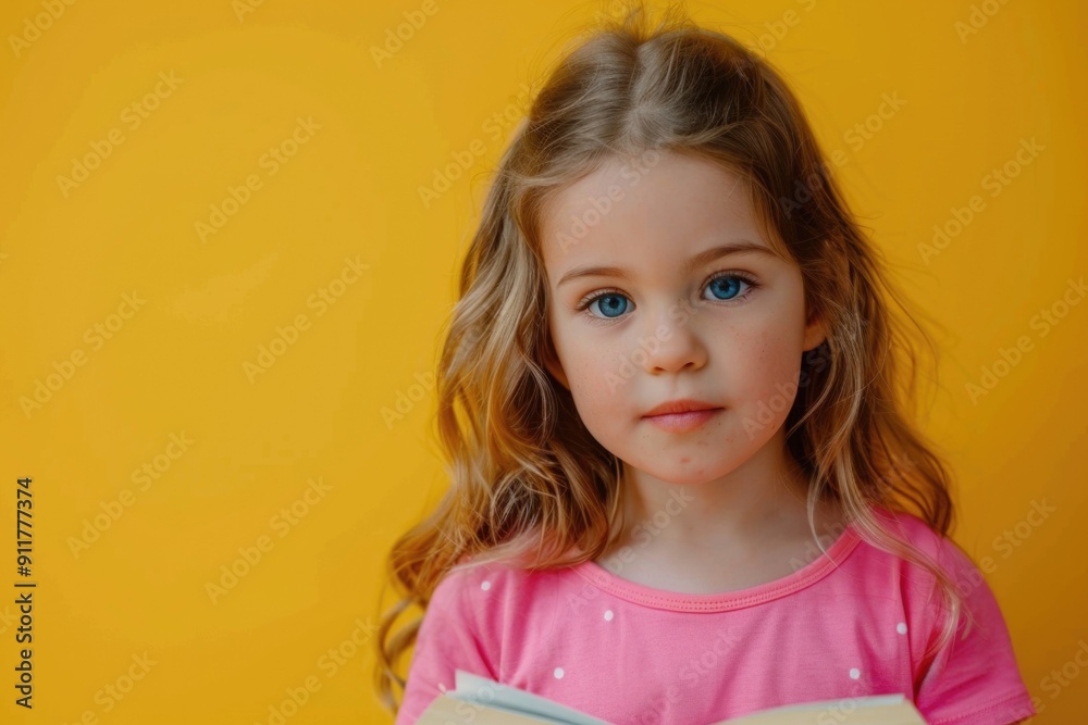 A young girl holds a book in front of her face, blocking her view A young girl holds a book in front of her face, blocking her view