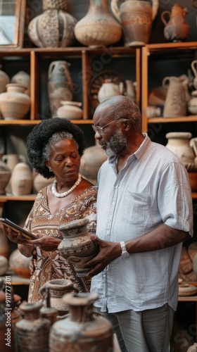 Wallpaper Mural A man and woman engage with pottery displays, sharing thoughts and appreciation for the craftsmanship Torontodigital.ca
