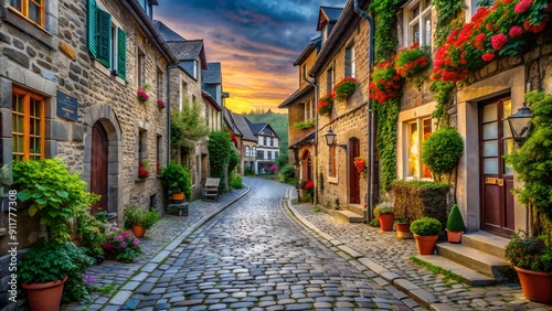 A charming old town with narrow cobblestone streets and historic buildings.