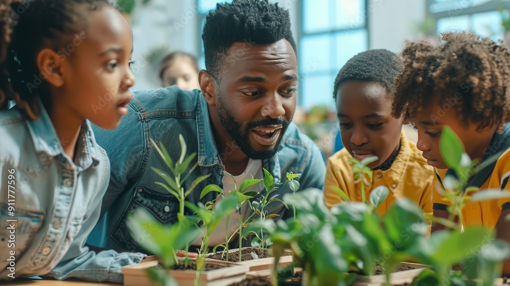 Kids learning about plants and nature with a teacher. Kids learning about plants and nature with a teacher.