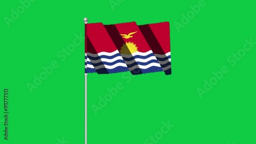 4K KIRIBATI flag old animation with pole waving on chroma key green screen
