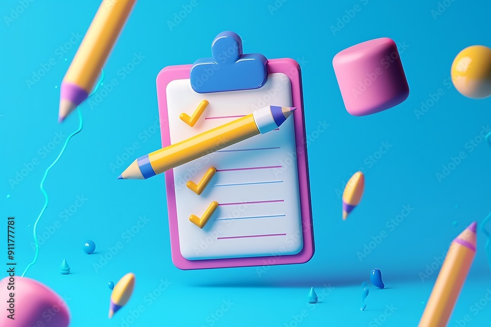 Checklist with pencil and paperclip on blue background.
