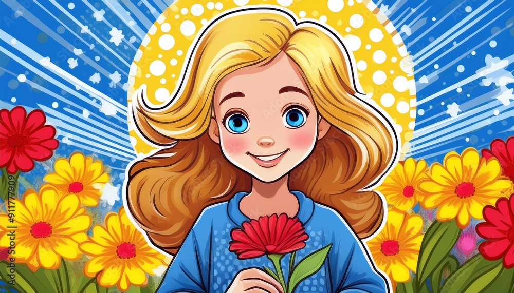 Woman Girl holding flower bouquet. Spring flower, present for mother. Beauty gift on birthday, valentine day or woman greetings. Blossom bunch decent vector postcard. Summer theme illustration Woman Girl holding flower bouquet. Spring flower, present for mother. Beauty gift on birthday, valentine day or woman greetings. Blossom bunch decent vector postcard. Summer theme illustration