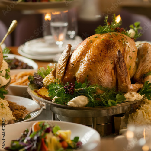 Delectable and inviting carvery scene at a high-end restaurant, featuring a roasted turkey and gourmet sides