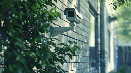 Outdoor security camera on modern building wall in greenery photo