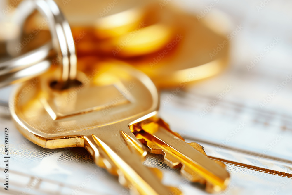 A detailed closeup image of a set of keys that are associated with a rental agreement form, highlighting the importance of focus A detailed closeup image of a set of keys that are associated with a rental agreement form, highlighting the importance of focus