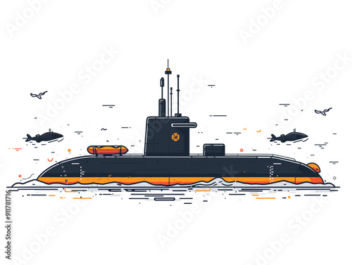 Submarine in flat style isolated on white background. Vector illustration