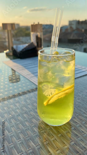 lemonade on the table, drink at sunset