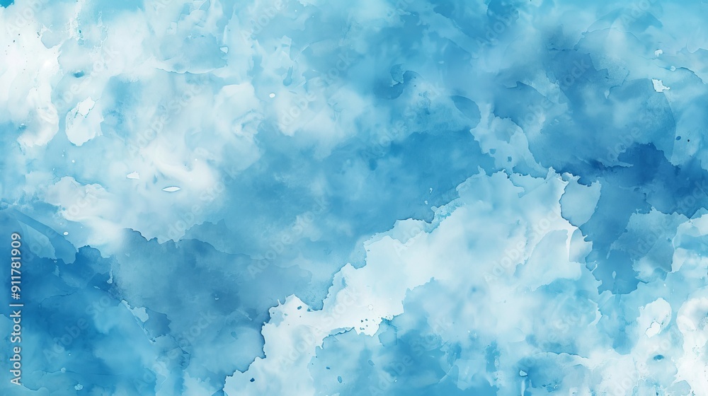 Blue watercolor sky with white clouds in background
