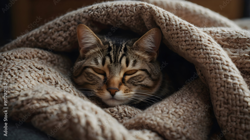 Illustrate a cat curled up and sleeping in a cozy blanket, high Quality image Illustrate a cat curled up and sleeping in a cozy blanket, high Quality image