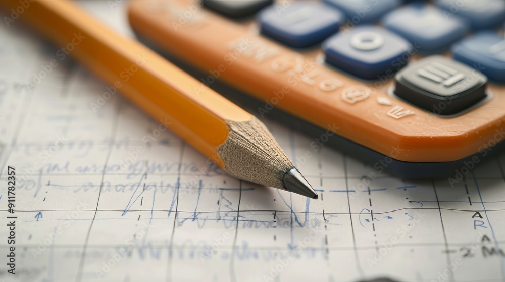 Orange pencil resting on calculation sheet; hard work scene. Orange pencil resting on calculation sheet; hard work scene.