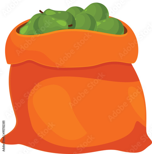 Orange burlap sack full of green ripe apples standing upright, isolated illustration
