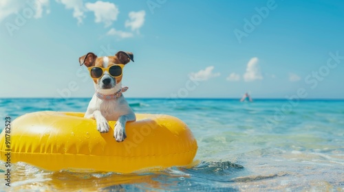 Jack Russel dog relaxing on a swim ring next to the beach, wearing sunglasses generative ai