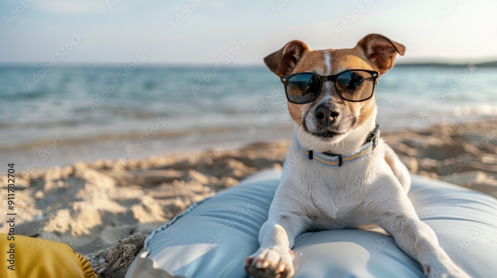 Jack Russel dog relaxing on an air mattress on the sandy shore, wearing sunglasses, generative ai Jack Russel dog relaxing on an air mattress on the sandy shore, wearing sunglasses, generative ai