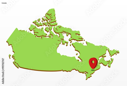 3d vector illustration graphic green color geographical map of Canada with red pointer icon on capitol
