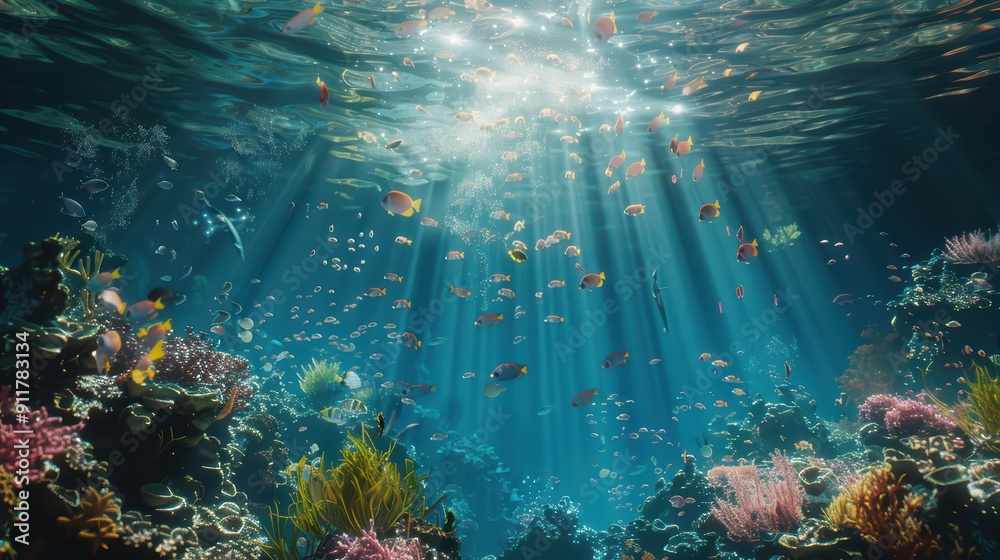Fototapeta premium 3D-rendered marine life, coral reefs, and rays of sunlight penetrating the ocean surface