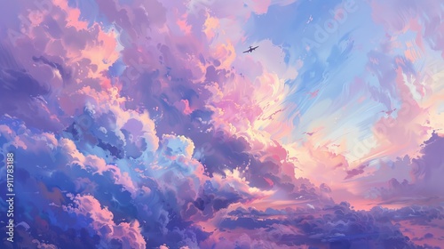 Colorful sunset sky with dramatic clouds and an airplane.