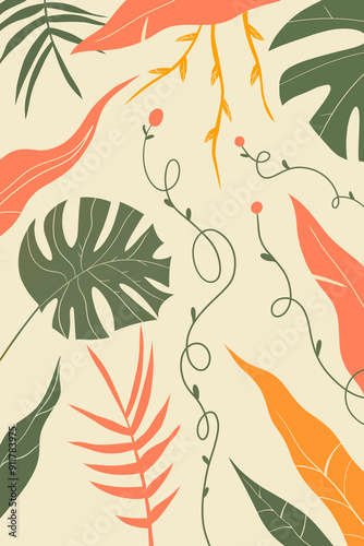 Summer floral pattern. Various tropical plants on pastel background 