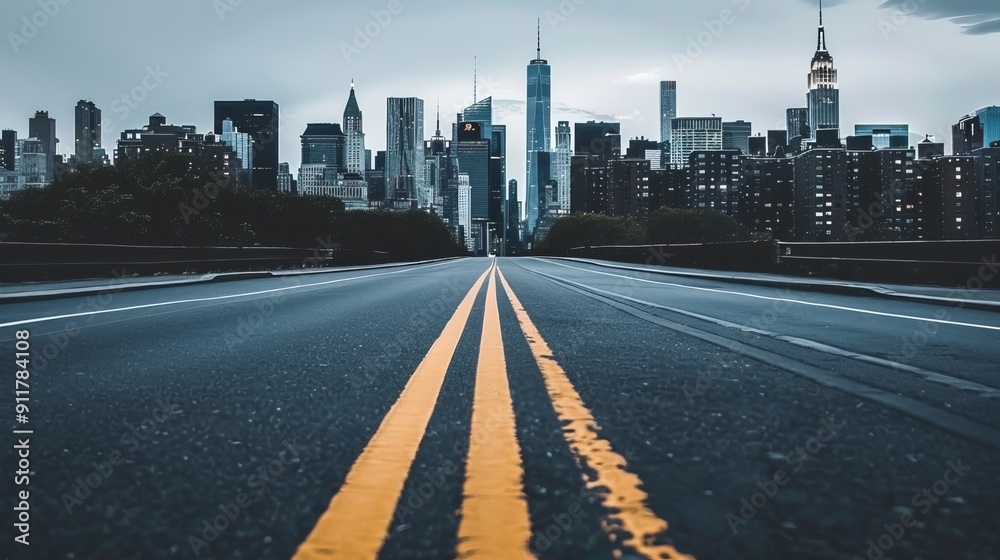 A solitary road meandering through a cityscape, framed by the shimmering silhouette of skyscrapers and urban architecture. A solitary road meandering through a cityscape, framed by the shimmering silhouette of skyscrapers and urban architecture.