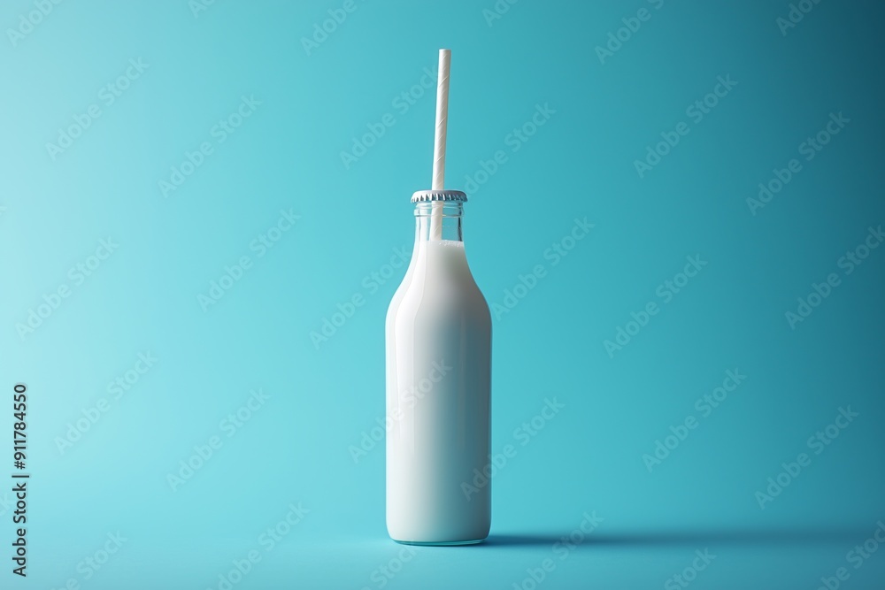 Refreshing Summer Beverage in a White Bottle against Vibrant Blue Background Refreshing Summer Beverage in a White Bottle against Vibrant Blue Background