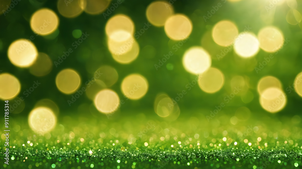 Obraz premium Green glitter bokeh background with sparkling light, abstract defocused texture. Generative AI