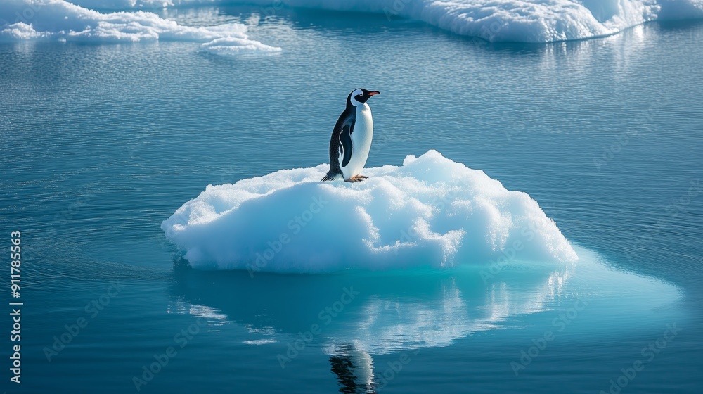 Obraz premium Penguin ice floe cold ocean climate change endangered polar habitats small iceberg open global warming
