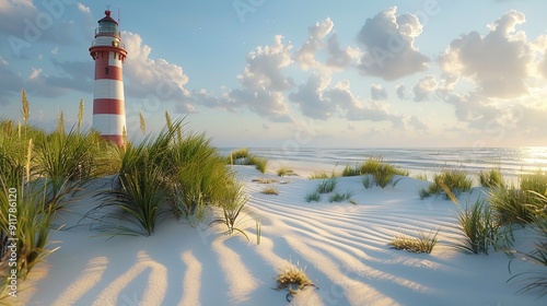 A red and white lighthouse stands on the sandy beach of Sylt, surrounded by sand dunes with green grasses