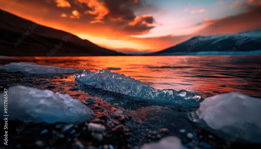 Naklejka premium Glacier melting, vibrant colors, serene environment, wide shot, inviting