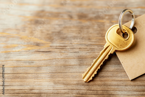 Beautiful Vintage Golden Key along with a stylish Tag elegantly rests on a Rustic Wooden Background, evoking charm and nostalgia