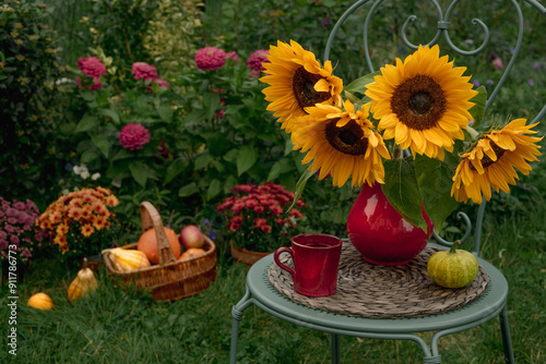 Thanksgiving still life with flowers and pumpkins in the garden.