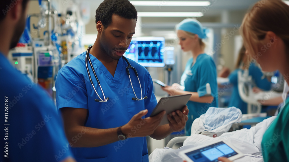 Emergency room doctors and nurses discussing a critical case over a tablet in a busy ER environment Emergency room doctors and nurses discussing a critical case over a tablet in a busy ER environment