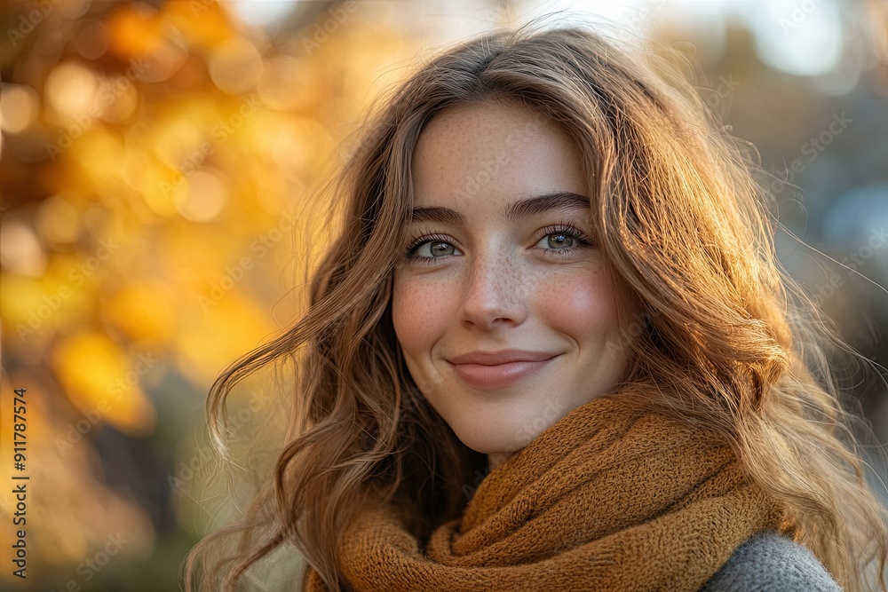 Portrait of a content woman in her 30s with autumn colors.