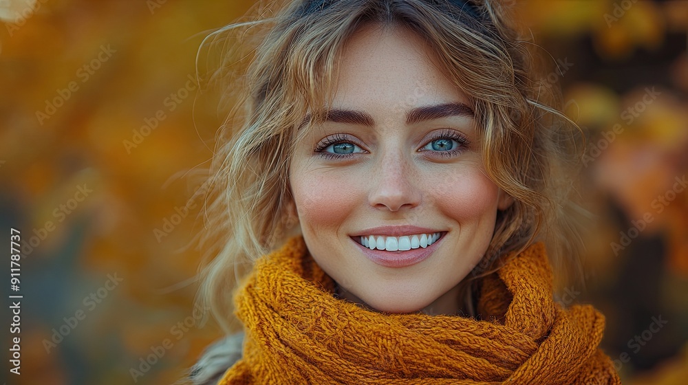 Portrait of a content woman in her 30s with autumn colors. Portrait of a content woman in her 30s with autumn colors.