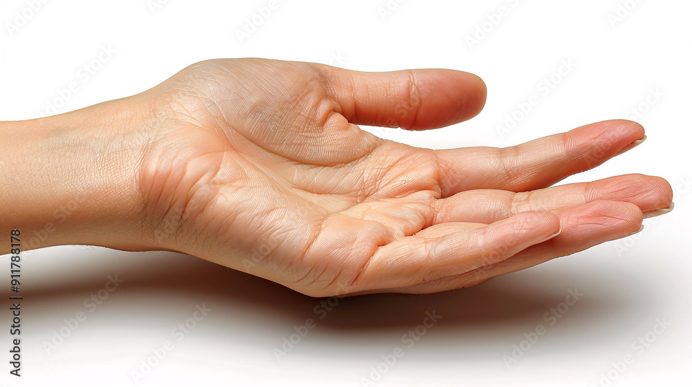Woman's open palm displaying something against a white backdrop Woman's open palm displaying something against a white backdrop