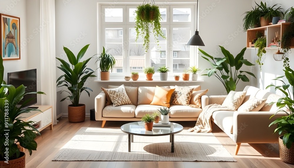 Cozy Living Room with Sofa and Houseplants, Bright and Airy Cozy Living Room with Sofa and Houseplants, Bright and Airy
