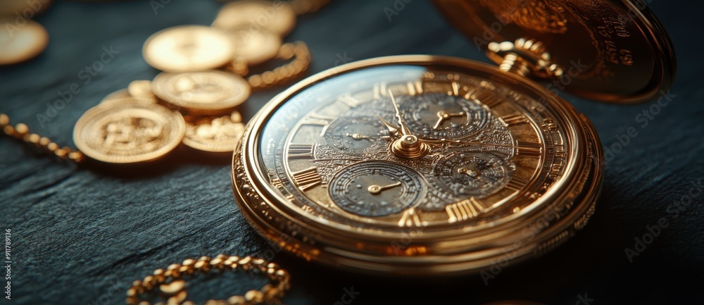 A golden pocket watch with its chain made of gold coins lies on the table, dark background, copy space concept, banner for stock photo A golden pocket watch with its chain made of gold coins lies on the table, dark background, copy space concept, banner for stock photo