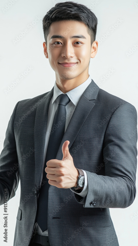 Young Professional Asian Man Giving Thumbs Up in Formal Attire. Isolated on White Background. Young Professional Asian Man Giving Thumbs Up in Formal Attire. Isolated on White Background.