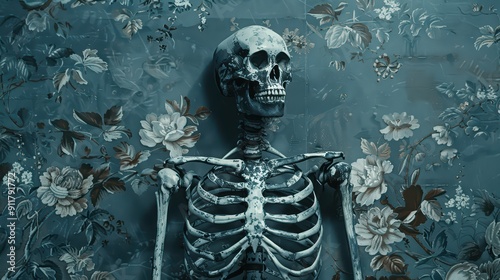 A romanticized skeleton wallpaper with elegant bone illustrations set against a richly textured photo