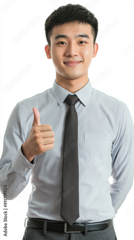 Young Professional Asian Man Giving Thumbs Up in Formal Attire. Isolated on White Background. Young Professional Asian Man Giving Thumbs Up in Formal Attire. Isolated on White Background.