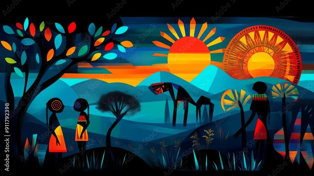 Fototapeta premium World Indigenous Day Abstract Background African tribal masks, abstract shapes and colors, flat design illustration