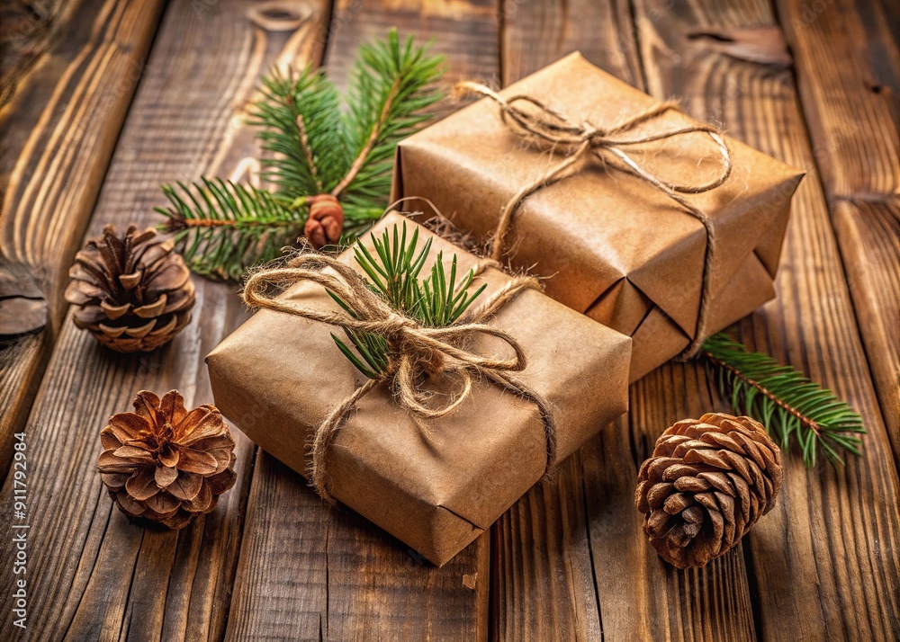 Rustic Brown Gift Boxes with Twine and Pinecones on Wooden Surface Rustic Brown Gift Boxes with Twine and Pinecones on Wooden Surface