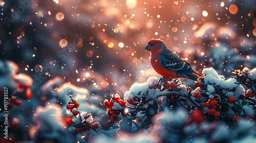 Brightly hued bird rests on a snowy branch adorned with red berries, as a soft snowfall and golden hour light create a serene scene photo