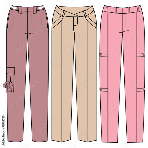Technical fashion illustration pants and shorts set with regular low waist, high rise, mini midi maximum length, pockets. Flat garment template for pants front, back, gray color. Women, men make fun